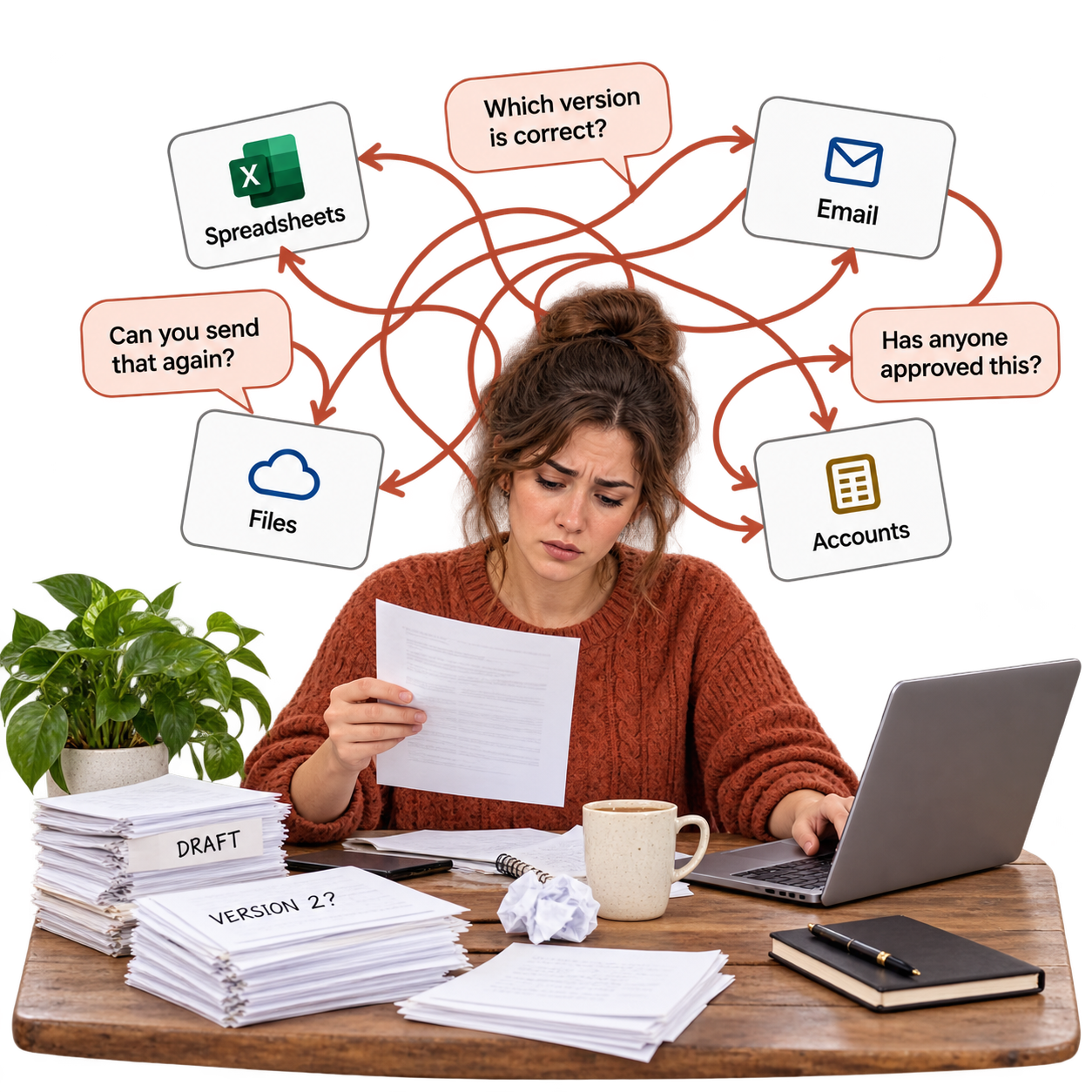 Illustration of a frustrated team member checking paperwork, with tangled handoffs between spreadsheets, email, files and accounts.